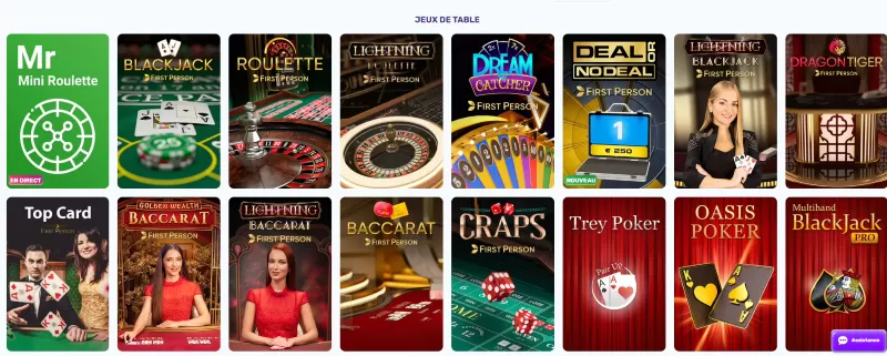 jeux de tables disponibles sur Slots Palace Casino