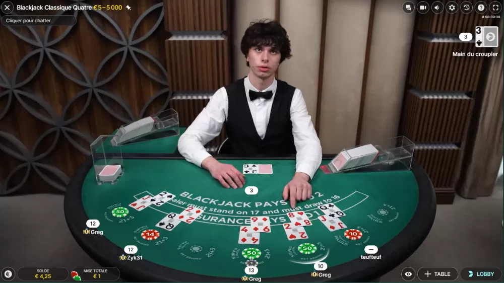 Live blackjack avec croupier en direct